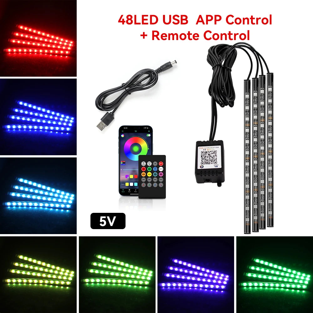 Kit LED RGB Intérieur Auto – 4 Bandes Lumineuses avec Télécommande & Contrôle Musique