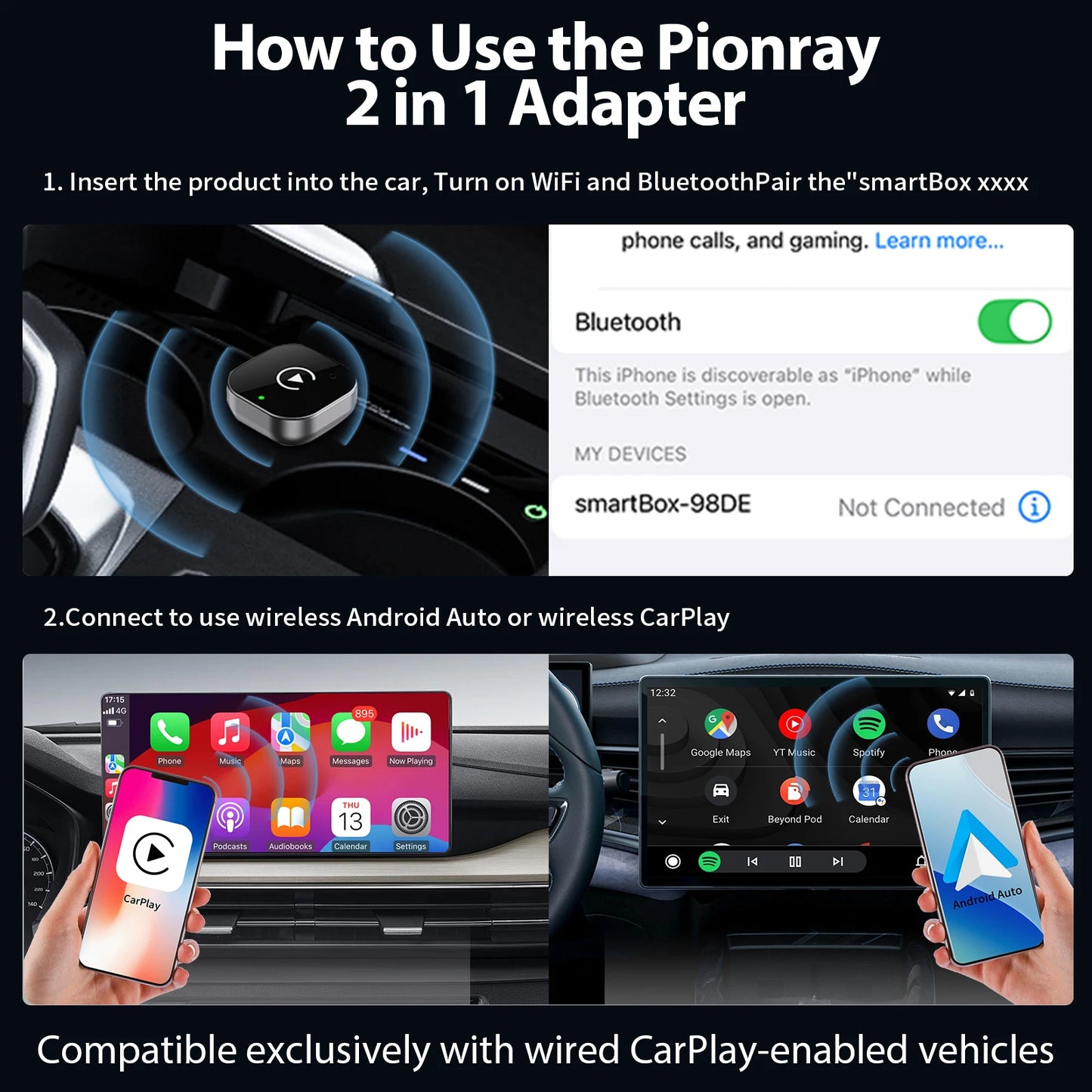 Adaptateur CarPlay & Android Auto sans fil – 2-en-1 plug & play