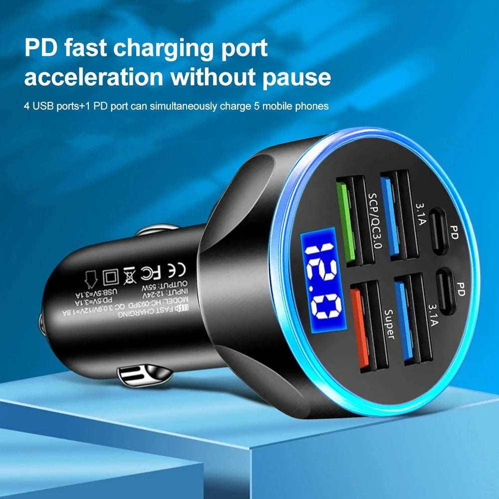 Chargeur voiture 6 ports – PD 66-250W & QC3.0 avec affichage digital