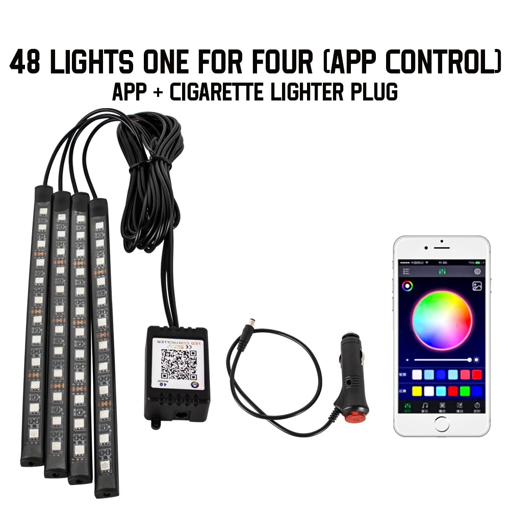 Kit LED RGB Intérieur Auto – 4 Bandes Lumineuses avec Télécommande & Contrôle Musique