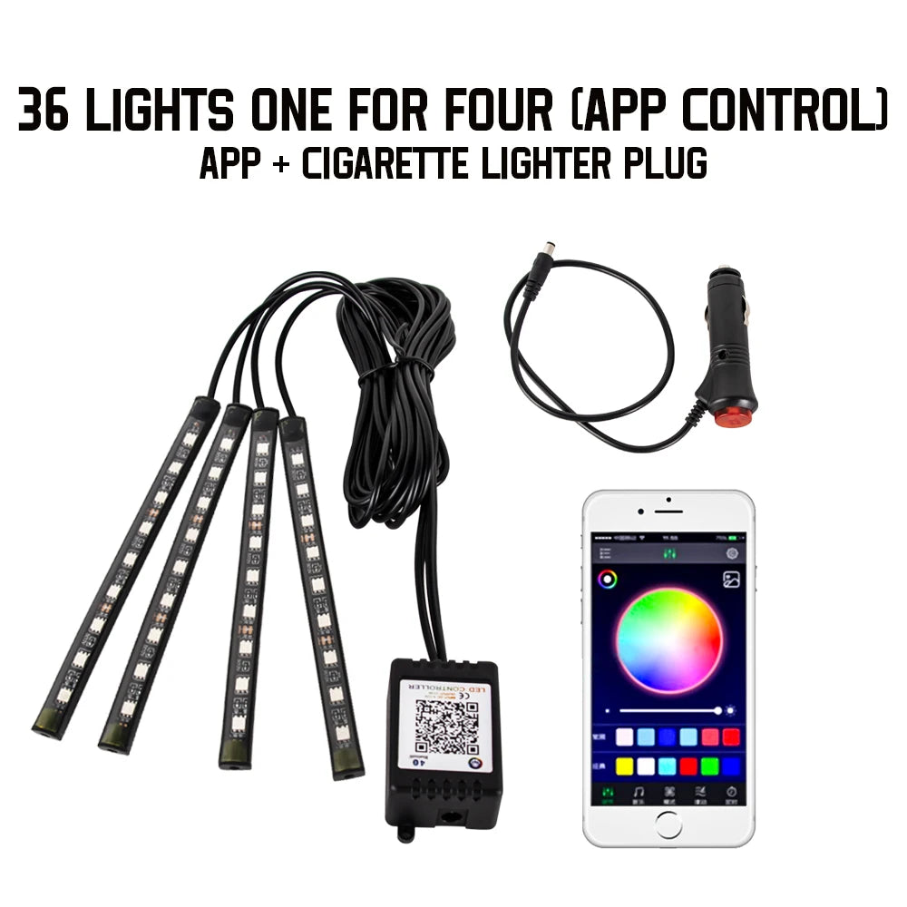 Kit LED RGB Intérieur Auto – 4 Bandes Lumineuses avec Télécommande & Contrôle Musique