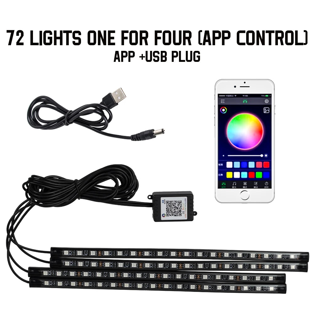 Kit LED RGB Intérieur Auto – 4 Bandes Lumineuses avec Télécommande & Contrôle Musique