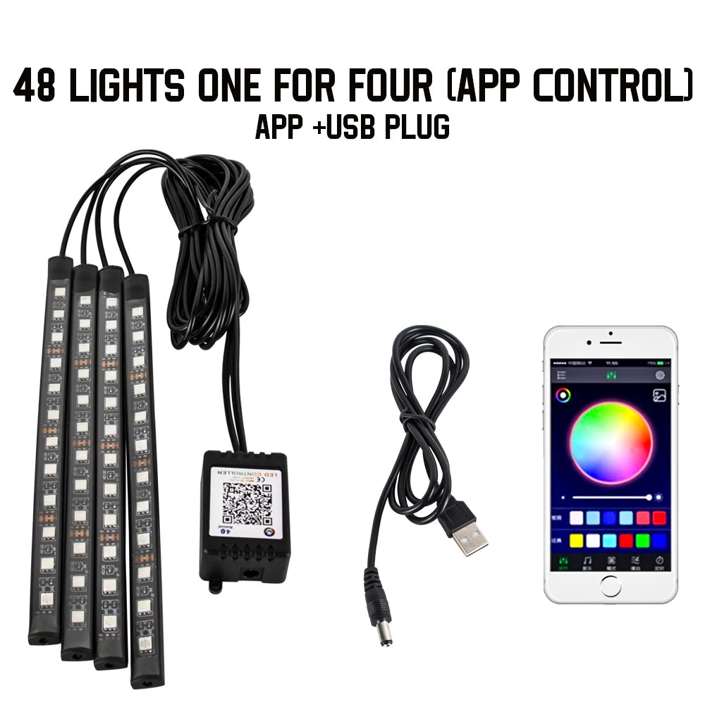 Kit LED RGB Intérieur Auto – 4 Bandes Lumineuses avec Télécommande & Contrôle Musique