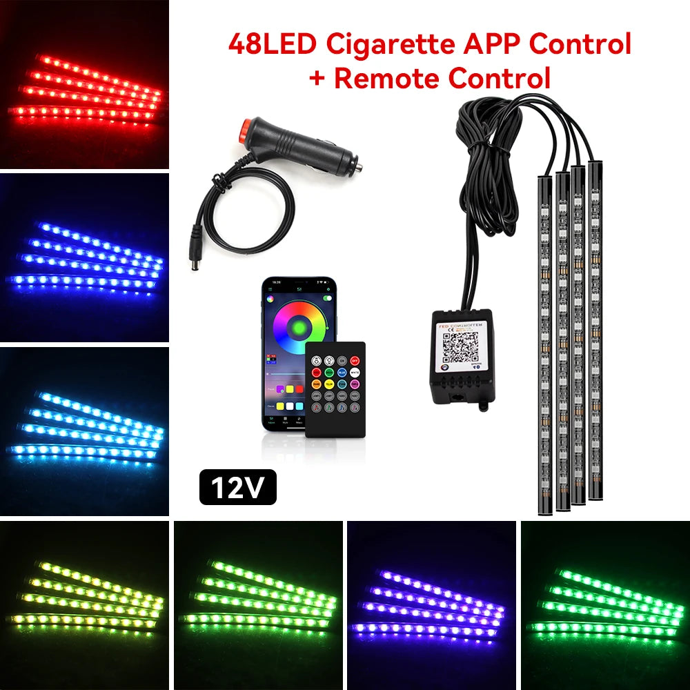 Kit LED RGB Intérieur Auto – 4 Bandes Lumineuses avec Télécommande & Contrôle Musique