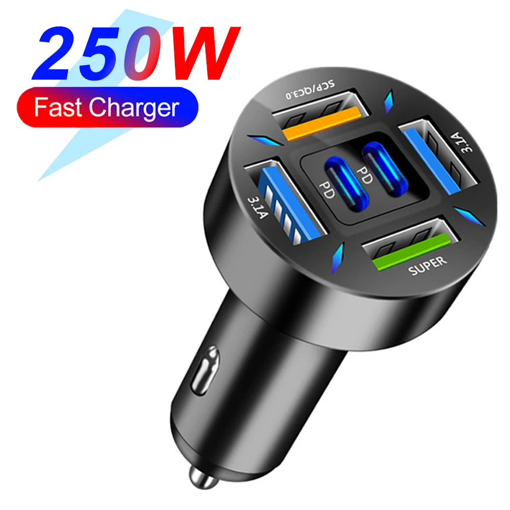 Chargeur voiture 6 ports – PD 66-250W & QC3.0 avec affichage digital