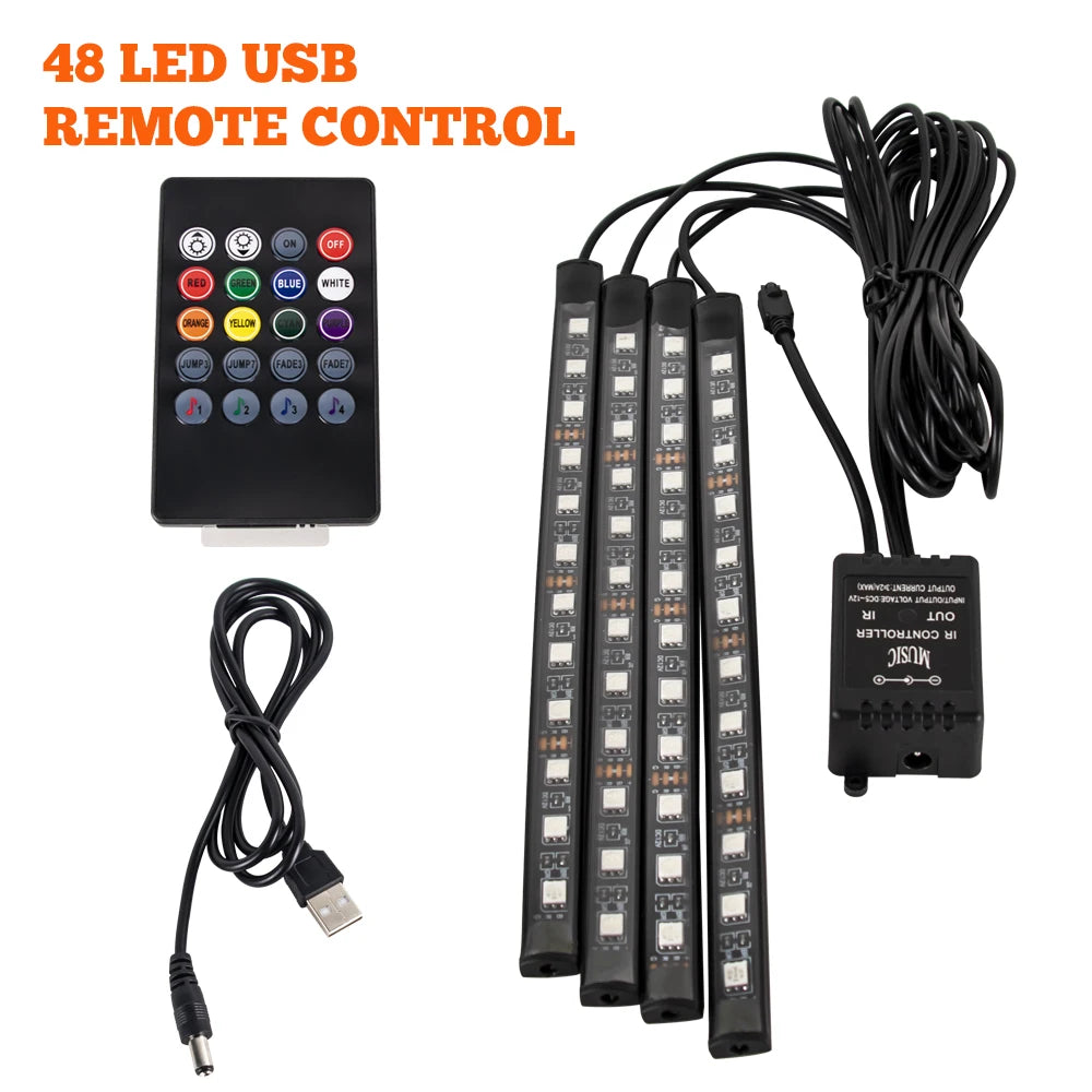 Kit LED RGB Intérieur Auto – 4 Bandes Lumineuses avec Télécommande & Contrôle Musique