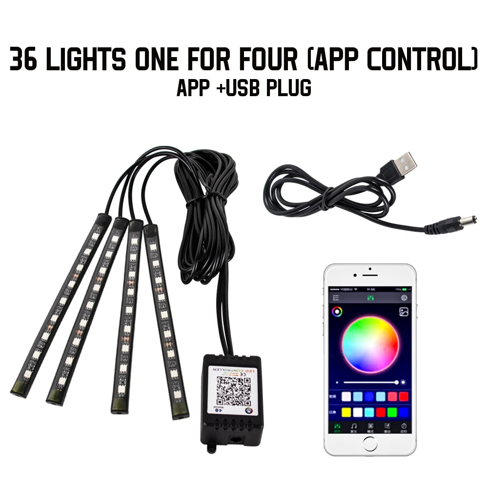 Kit LED RGB Intérieur Auto – 4 Bandes Lumineuses avec Télécommande & Contrôle Musique
