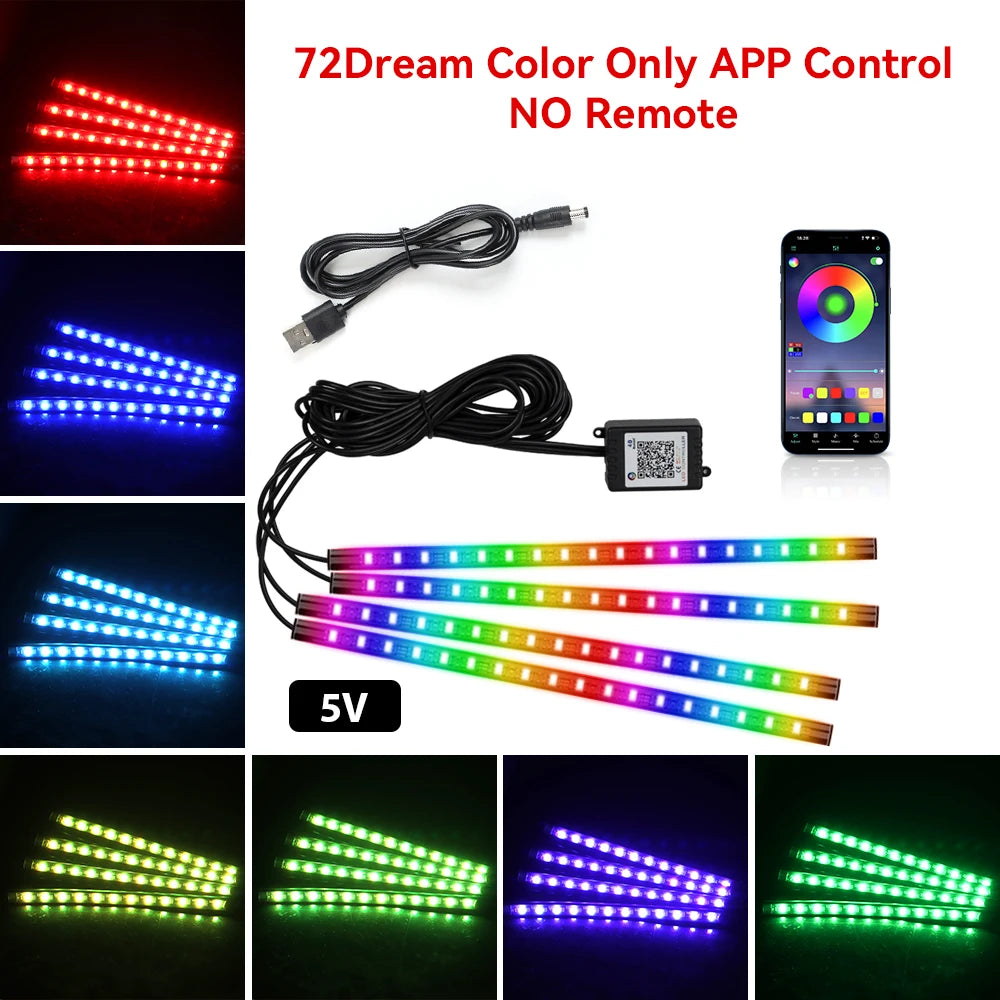 Kit LED RGB Intérieur Auto – 4 Bandes Lumineuses avec Télécommande & Contrôle Musique