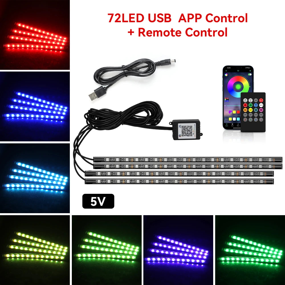 Kit LED RGB Intérieur Auto – 4 Bandes Lumineuses avec Télécommande & Contrôle Musique